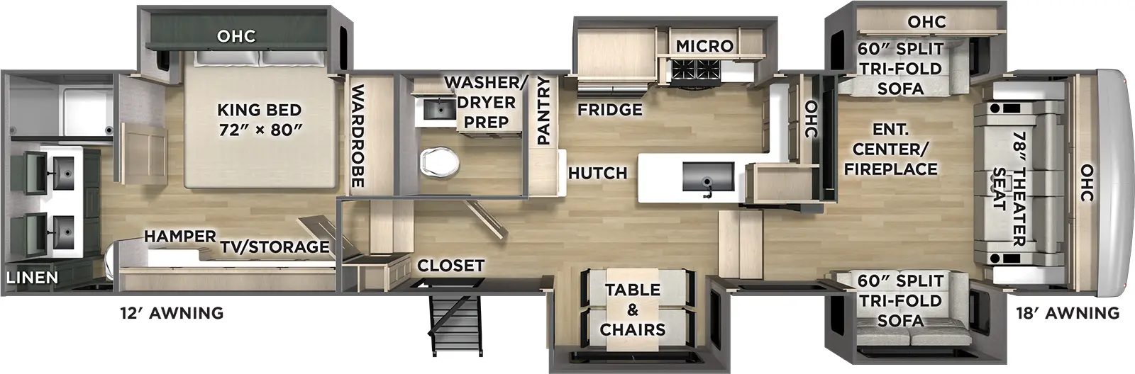 The Columbus 389FLH floorplan has one entry and five slide outs. Exterior features include: fiberglass exterior and 12' & 18' awning. Interiors features include: free-standing dinette option, front living, rear bathroom and bathroom and a half.